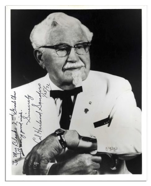 ''Kentucky Fried Chicken'' Founder Colonel Sanders Signed and Inscribed Photo -- In His Iconic Bowtie & White Jacket