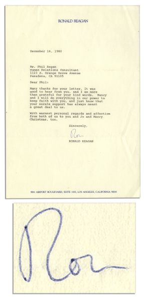 Ronald Reagan Typed Letter Signed as President-Elect -- Just a Month After Winning a Record-Breaking Landslide ''...your morale [sic] support has always meant a great deal to us...''