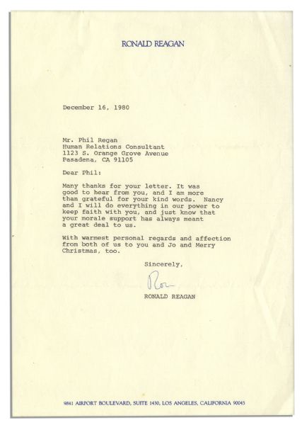 Ronald Reagan Typed Letter Signed as President-Elect -- Just a Month After Winning a Record-Breaking Landslide ''...your morale [sic] support has always meant a great deal to us...''