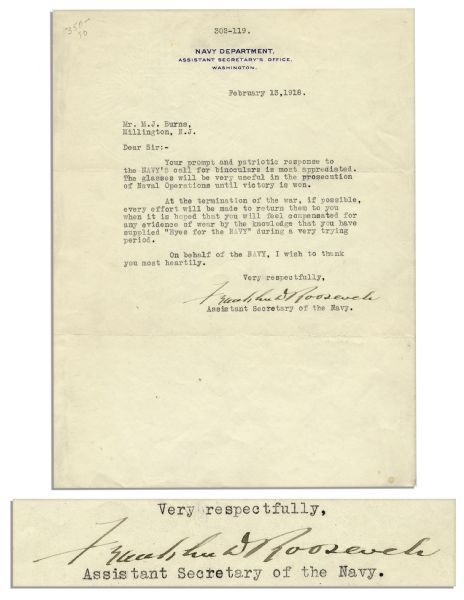 Early Franklin D. Roosevelt WWI Typed Letter Signed -- Written in 1918, Before His Bout With Polio -- ''...you have supplied 'Eyes for the NAVY' during a very trying period...''