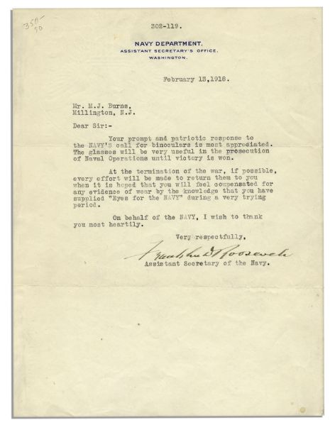 Early Franklin D. Roosevelt WWI Typed Letter Signed -- Written in 1918, Before His Bout With Polio -- ''...you have supplied 'Eyes for the NAVY' during a very trying period...''