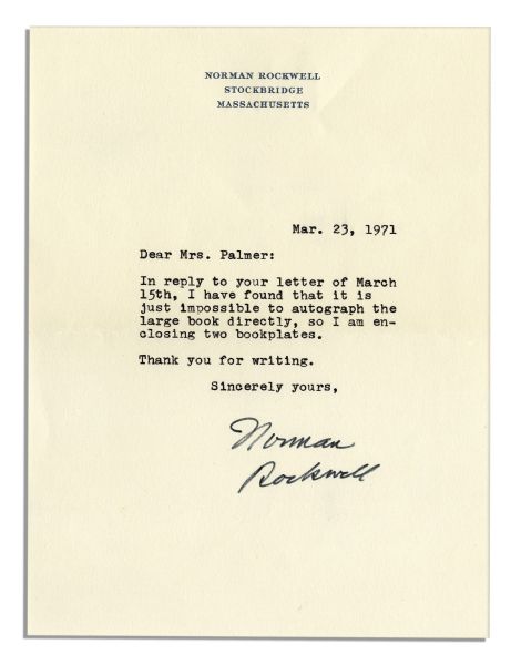Normal Rockwell Typed Letter Signed -- ''...I have found that it is just impossible to autograph the large book directly...''