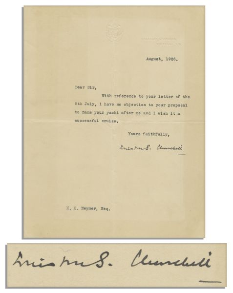 Winston Churchill Typed Letter Signed -- …I have no objection to your proposal to name your yacht after me and I wish it a successful cruise…