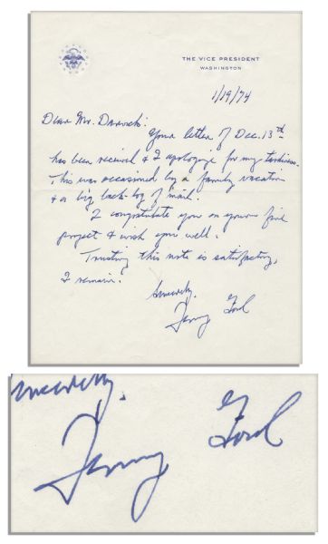 Unprecedented Gerald Ford Autograph Letter Signed as Vice President Upon VP Stationery -- …I apologize for my tardiness. This was occasioned by a family vacation & a big back-log of mail…