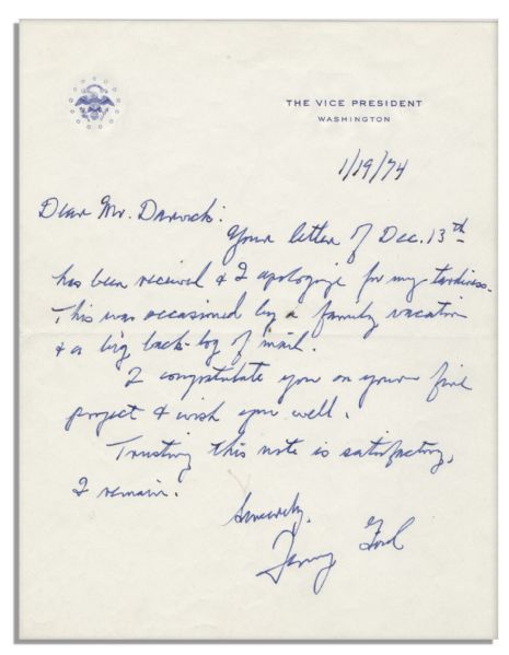 Unprecedented Gerald Ford Autograph Letter Signed as Vice President Upon VP Stationery -- …I apologize for my tardiness. This was occasioned by a family vacation & a big back-log of mail…