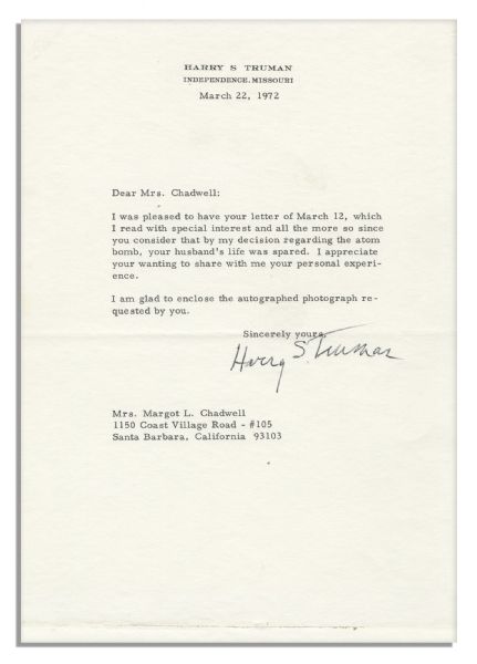 Extremely Rare Harry Truman Typed Letter Signed Stating he Ordered The Atom Bomb Dropped -- ''...by my decision regarding the atom bomb...''
