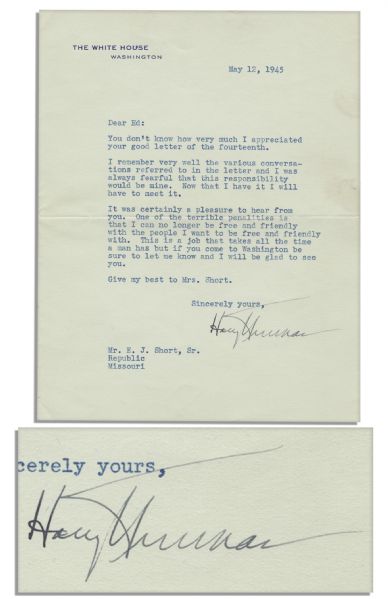 Exceptional Harry Truman Letter Signed as President on Taking Office After FDR's Death: …I was always fearful that responsibility would be mine. Now that I have it I will have to meet it…