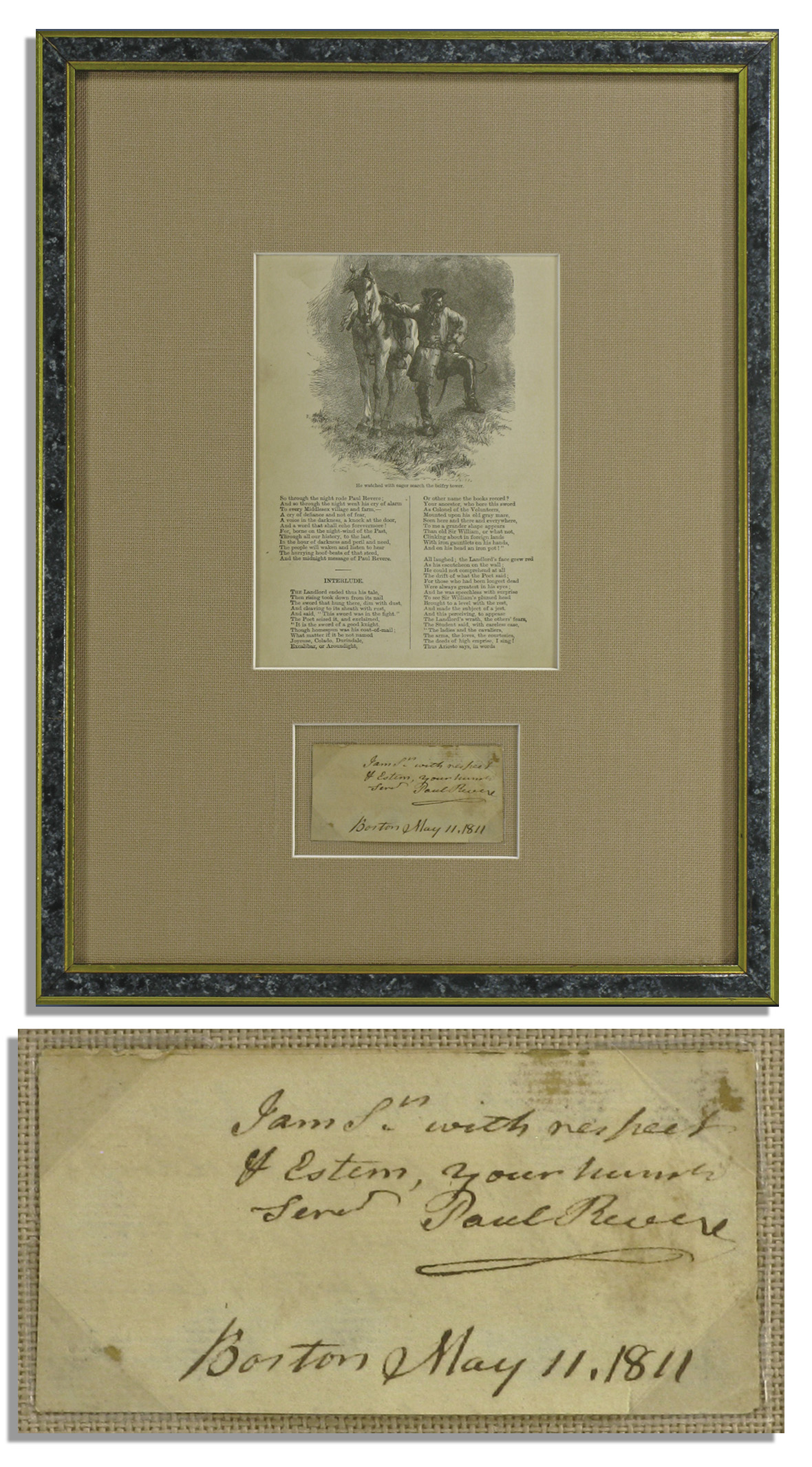 Paul Revere Autograph Paul Revere 1811 Autograph Note Signed -- Elegantly Framed With a Copy of Longfellow's Famous Poem About Revere