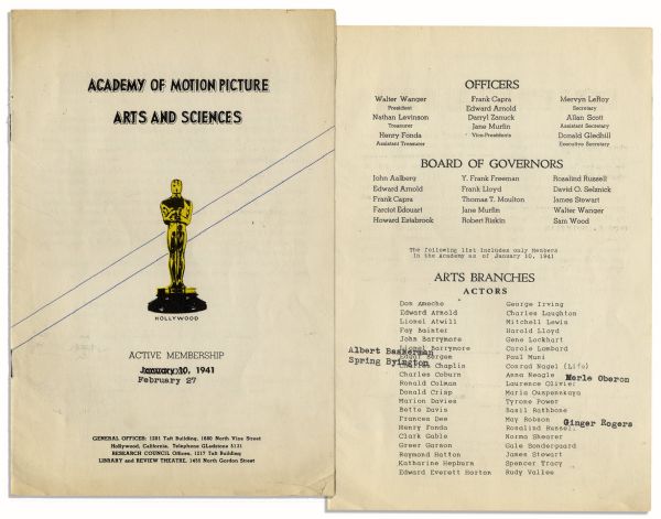 Academy Awards Membership Roster From 1941 -- The Year in Which ''Citizen Kane'' Memorably Lost Best Picture