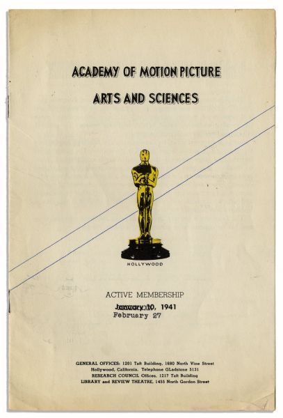 Academy Awards Membership Roster From 1941 -- The Year in Which ''Citizen Kane'' Memorably Lost Best Picture