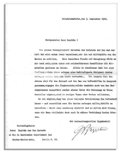 Rare Ferdinand Graf von Zeppelin Typed Letter Signed Discussing Airships With the German Government Naval Office -- …a year is required for the design and construction of an airship…