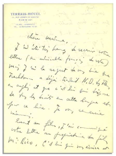 Jean Genet Autograph Letter Signed Pertaining to His Most Famous Novel, Our Lady of the Flowers -- …I must regretfully tell you that [he] has already translated N D des Fleurs…