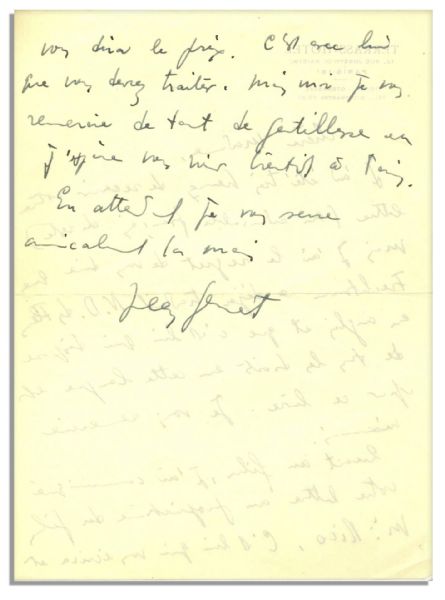 Jean Genet Autograph Letter Signed Pertaining to His Most Famous Novel, Our Lady of the Flowers -- …I must regretfully tell you that [he] has already translated N D des Fleurs…