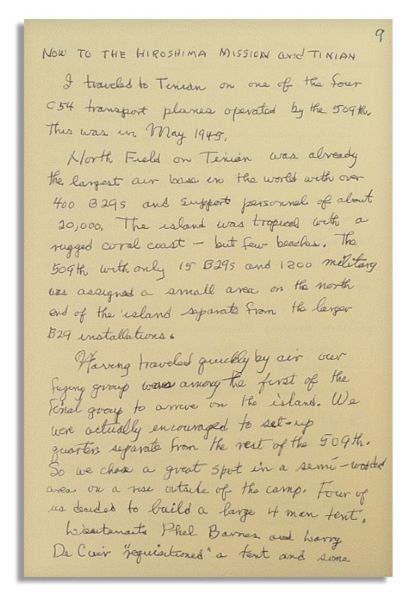 Enola Gay Crewman Morris Jeppson Handwritten Signed Souvenir Account of Hiroshima -- …Ferebee sounded 'bomb away'…churning mass of dark smoke and orange flames surging out over the ground…