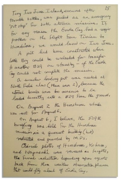 Enola Gay Crewman Morris Jeppson Handwritten Signed Souvenir Account of Hiroshima -- …Ferebee sounded 'bomb away'…churning mass of dark smoke and orange flames surging out over the ground…