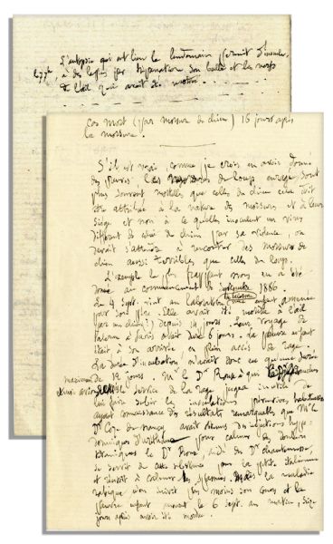 Louis Pasteur Handwritten Medical Notes Discussing the Case of a Young Girl Infected with Rabies Whom He Tried to Save -- …bitten…by a dog…the poor kid had full-blown rabies…