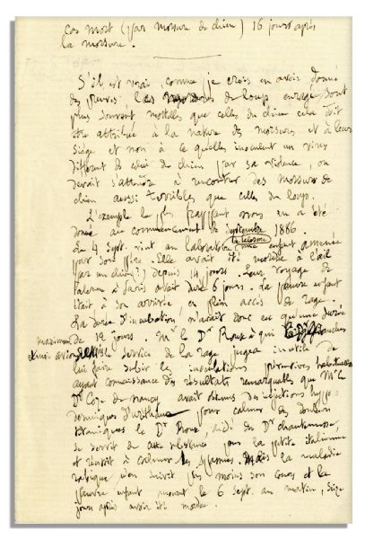 Louis Pasteur Handwritten Medical Notes Discussing the Case of a Young Girl Infected with Rabies Whom He Tried to Save -- …bitten…by a dog…the poor kid had full-blown rabies…