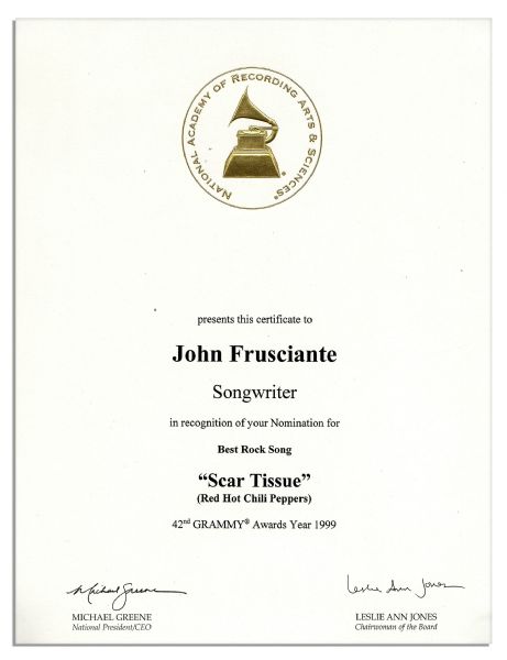Red Hot Chilli Peppers Grammy Award Nomination Certificate for Scar Tissue