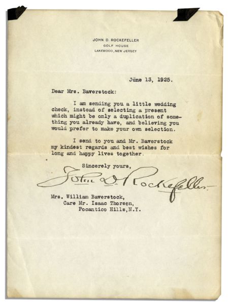 John D. Rockefeller Typed Letter Signed -- ...I am sending you a little wedding check...
