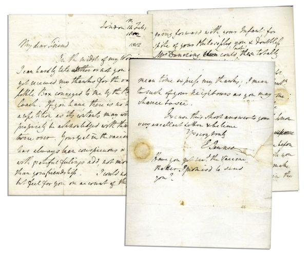 Smallpox Vaccine Pioneer Edward Jenner Autograph Letter Signed -- …Your zeal in the vaccine Cause has always been conspicuous...vaccine affairs…incessantly come before me...