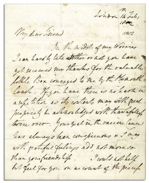 Smallpox Vaccine Pioneer Edward Jenner Autograph Letter Signed -- …Your zeal in the vaccine Cause has always been conspicuous...vaccine affairs…incessantly come before me...