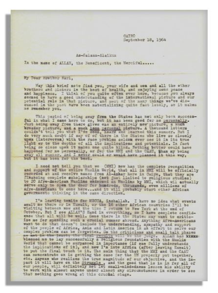 Exceptional & Lengthy Malcolm X Typed Letter Signed From Egypt in 1964 -- …we (MMI) [Muslim Mosque, Inc.] now has the complete recognition and support of the entire Muslim World…