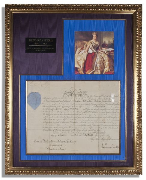 Queen Victoria Document Signed -- Beautifully Framed Against Moire Silk Fabric