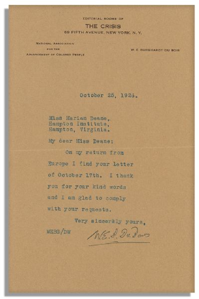 NAACP Founder W.E.B. Du Bois Typed Letter Signed on NAACP Letterhead -- ...On my return from Europe I find your letter of October 17th. I thank you for your kind words…