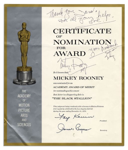 Mickey Rooney Official Oscar Nomination For Best Actor in a Supporting Role For ''The Black Stallion'' -- Inscribed to His Wife, Jan