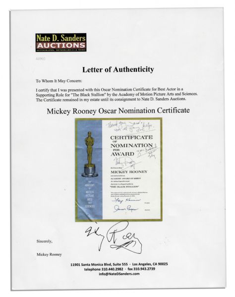 Mickey Rooney Official Oscar Nomination For Best Actor in a Supporting Role For ''The Black Stallion'' -- Inscribed to His Wife, Jan