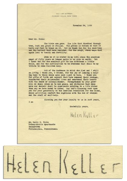 Helen Keller Letter Signed -- On the Loss of Lifelong Teacher & Friend Anne Sullivan -- ''...it is winter in my life since the guardian angel of fifty years no longer walks by my side on earth...''
