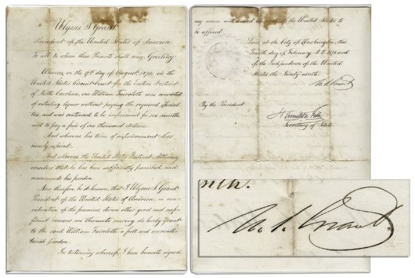 Ulysses S. Grant Document Signed as President -- Pardoning a Merchant For Failing to Pay The Liquor Tax