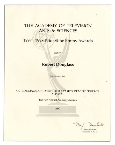 Emmy Nomination Certificate From 1998