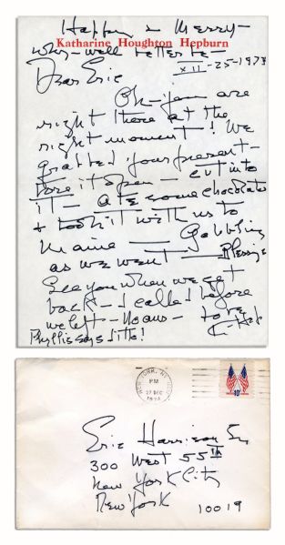 Katharine Hepburn Autograph Letter Signed From Christmas of 1974 -- ''...We grabbed your present - tore it open - cut into it - ate some chocolate & took it with us to Maine...''