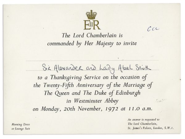 Royal Invitation to the 25th Wedding Anniversary of Queen Elizabeth II & The Duke of Edinburgh at Westminster Abbey