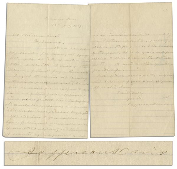 Jefferson Davis Autograph Letter Signed -- ''...many thanks for your...invitation to attend the Reunion of the Survivors of the 3d Georgia Regiment...''