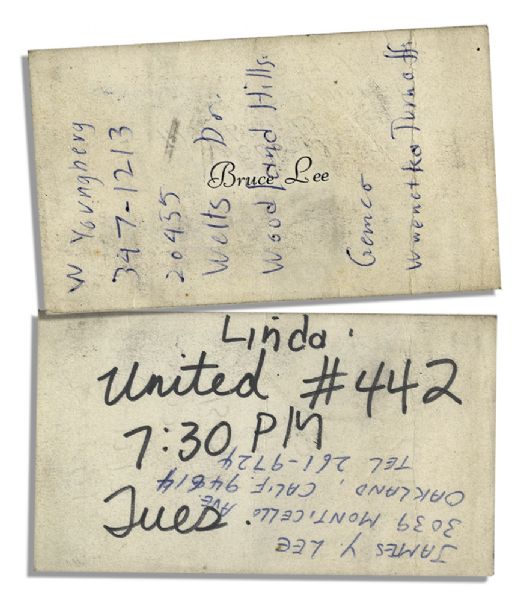 Trio of Different Bruce Lee Business Cards -- With Handwritten Notes Probably by Lee on the Reverse