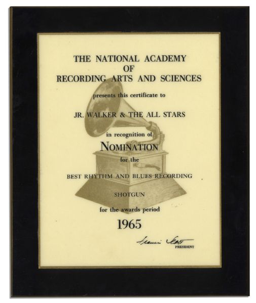 Grammy Nomination Plaque Bestowed on Motown Stars Junior Walker & The All Stars in 1965 For Their Hit Single ''Shotgun''
