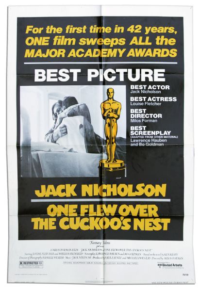 Large Movie Poster From ''One Flew Over The Cuckoo's Nest'' Mentioning Its Sweep of The Academy Awards as Only The Second Film to Win All 5 Major Awards -- Measures 27'' x 41''