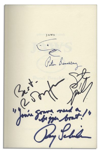 ''Jaws'' Book Signed by Its Author Peter Benchley & VIPs of The Classic Film -- Steven Spielberg, Roy Schneider, Richard Dreyfuss, Robert Shaw -- With Benchley's Shark Sketch