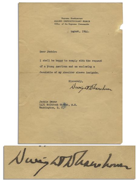 Dwight D. Eisenhower WWII Typed Letter Signed as Supreme Commander of the Allied Expeditionary Force -- ''...enclosing a facsimile of my shoulder sleeve insignia...'' -- With Enclosure
