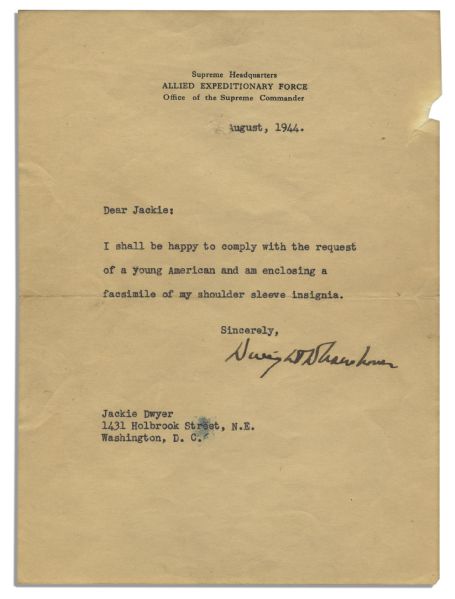 Dwight D. Eisenhower WWII Typed Letter Signed as Supreme Commander of the Allied Expeditionary Force -- ''...enclosing a facsimile of my shoulder sleeve insignia...'' -- With Enclosure