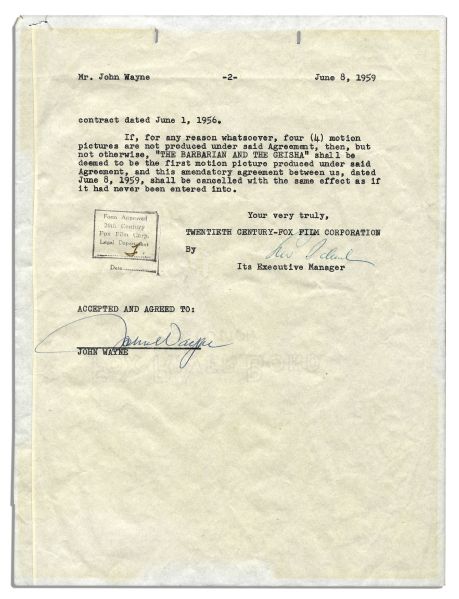 John Wayne Signed Contract For His Role in ''The Barbarian and the Geisha''