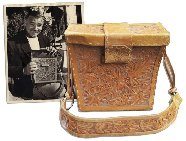 Clark Gable Personally Owned & Used Tooled Leather Satchel Accompanied by an 8 x 10 Photo of Him Holding It