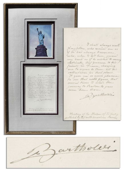 Statue of Liberty Designer Frederic Bartholdi Autograph Quote Signed on Henry Wadsworth Longfellow -- ''I shall always recall Longfellow, who received me as if he had always known me...''