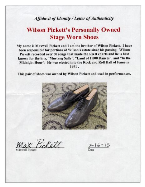 Rock and Roll Hall of Famer & Soul Signer Wilson Pickett Stage Worn Shoes -- With an LOA From His Brother