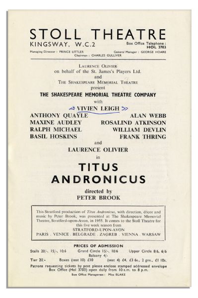 Shakespeare Play Program Signed by Vivien Leigh & Laurence Olivier