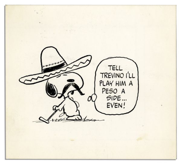 Charles Schulz ''Peanuts'' Original Artwork Starring Snoopy as a Golfer Donning a Sombrero and Mustache