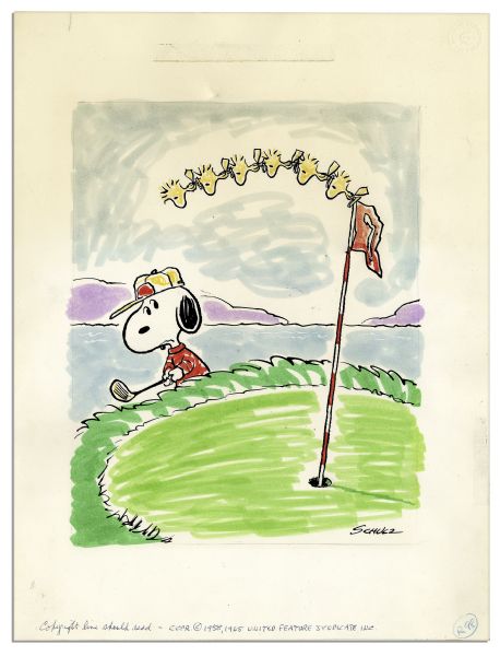 Charles Schulz ''Peanuts'' Golf Theme Color Original Artwork Starring Snoopy & Woodstock From 1965 -- Measures 12'' x 15.75''