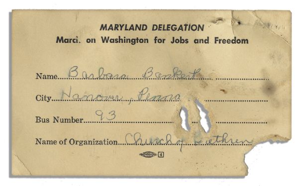 Rare Pass From Civil Rights Landmark March on Washington -- Where Martin Luther King Delivered His Great ''I Have A Dream'' Speech